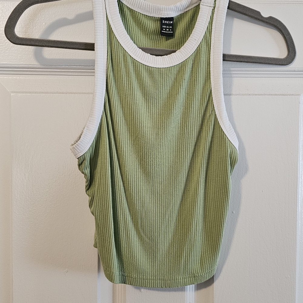SHEIN Green Ribbed Tank Top with White Trim